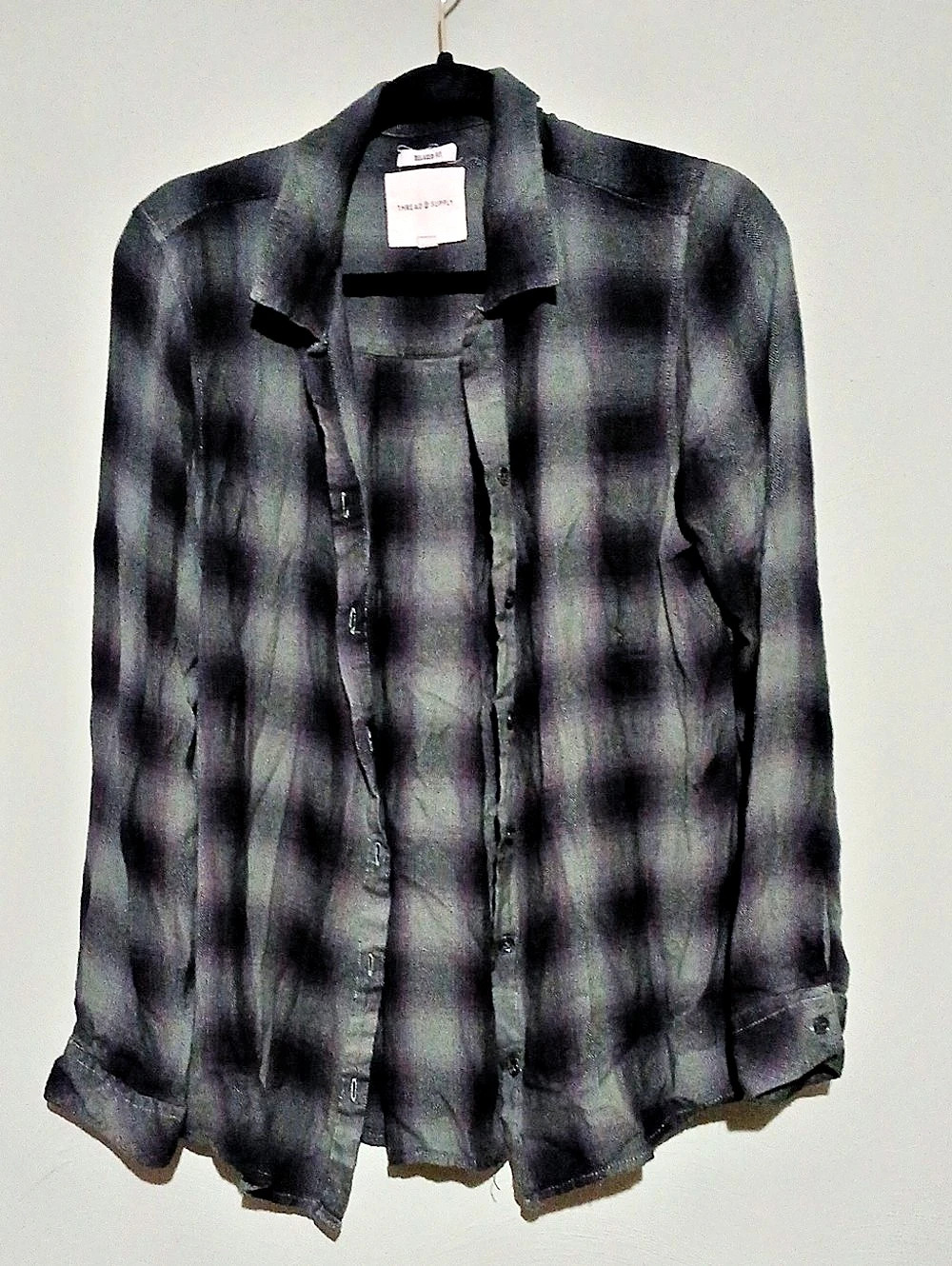 Thread & Supply Plaid Relaxed Fit Top in Black & Green Size Large